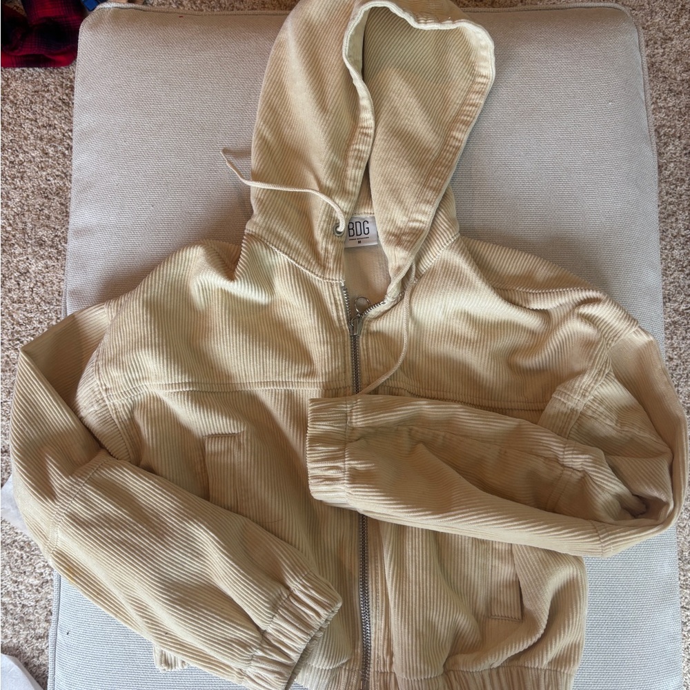 BDG Cream Corduroy Hooded Bomber Jacket